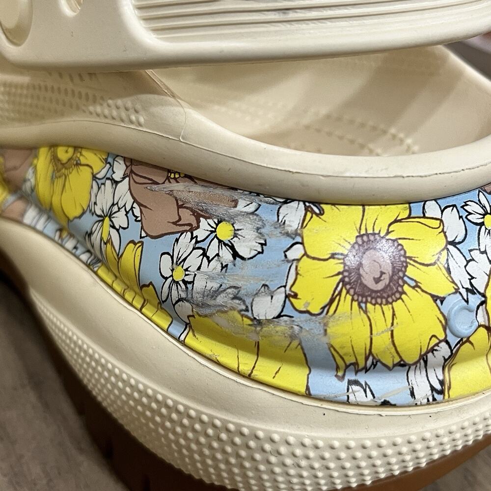 Crocs Mega Crush Retro Floral Clogs Womens W6 Vanilla Yellow Blue Platform Shoes - Picture 12 of 14